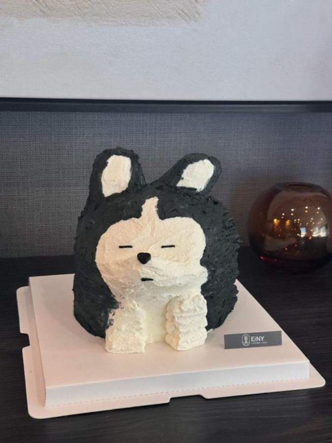 Fluffy black-and-white bunny cake with a serious face